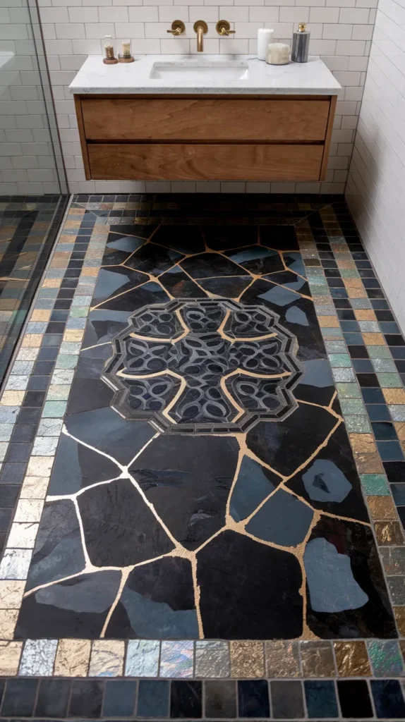 "Elegant bathroom with glossy black marble floors, white veining, and gold accents under crystal chandelier lighting.