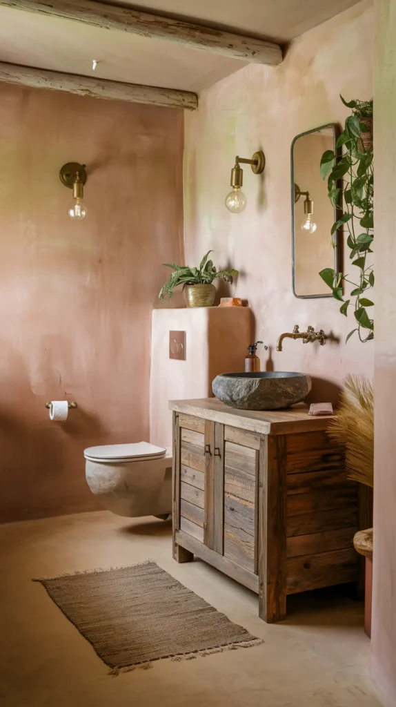 Bohemian Oasis: Reclaimed Wood Vanity with Marble Countertop and Brass Accents, Bathed in Golden Rattan Light