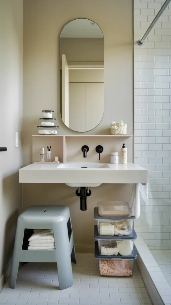 A vibrant and highly detailed feature image showcasing a beautifully organized dorm bathroom, combining all the smart storage and decor solutions