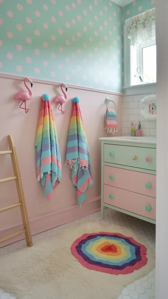 Playful kids’ bathroom with mint green polka dots on pink walls, rainbow towels, flamingo-shaped hooks, and a pastel pink vanity