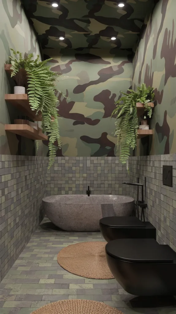 Serene bathroom with forest-green camo wallpaper, stone bathtub, and textured ceramic tiles under soft natural light.