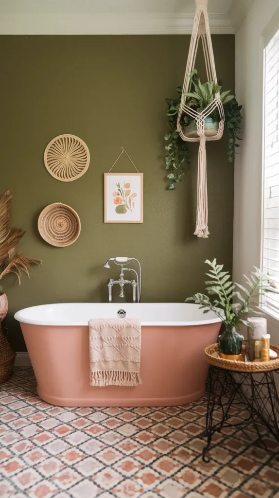 Bohemian bathroom with olive green walls, blush pink freestanding tub, terracotta and jade Moroccan floor tiles, and macrame plant hangers.