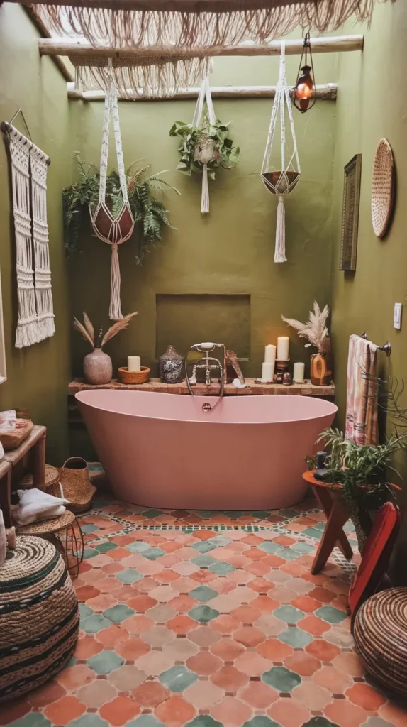 Bohemian bathroom with olive green walls, blush pink freestanding tub, terracotta and jade Moroccan floor tiles, and macrame plant hangers.