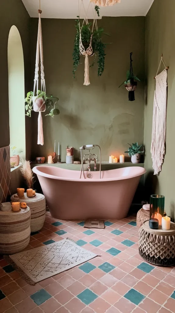 Bohemian bathroom with olive green walls, blush pink freestanding tub, terracotta and jade Moroccan floor tiles, and macrame plant hangers.