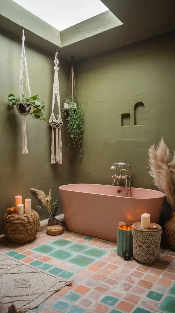 Bohemian bathroom with olive green walls, blush pink freestanding tub, terracotta and jade Moroccan floor tiles, and macrame plant hangers.