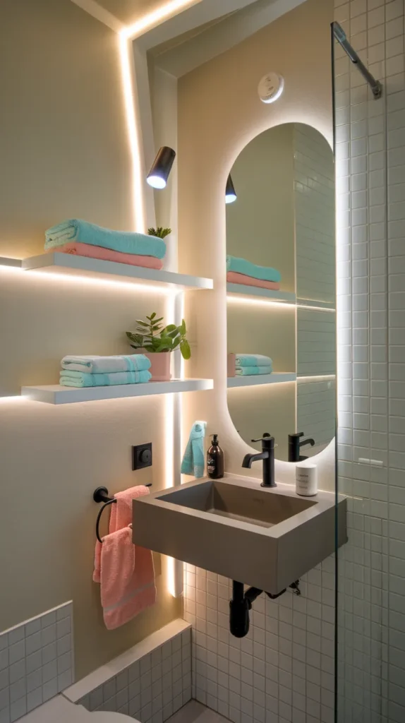 A vibrant and highly detailed feature image showcasing a beautifully organized dorm bathroom, combining all the smart storage and decor solutions