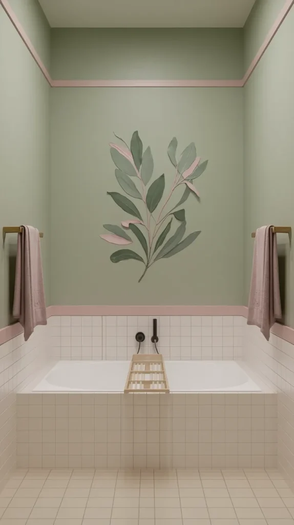 Minimalist sage green bathroom walls with pale pink horizontal stripes, white subway tiles, and framed botanical art in green and pink tones.