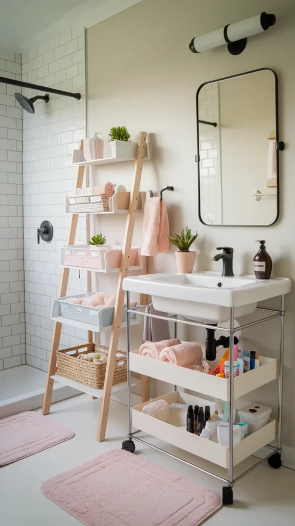 A neat, well-organized dorm bathroom that maximizes space using smart laundry solutions