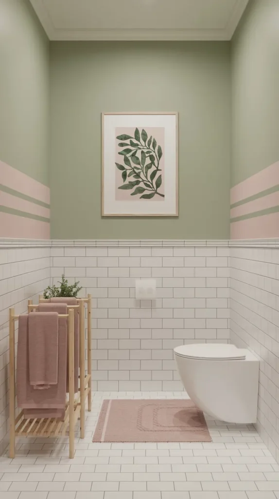 Minimalist sage green bathroom walls with pale pink horizontal stripes, white subway tiles, and framed botanical art in green and pink tones.