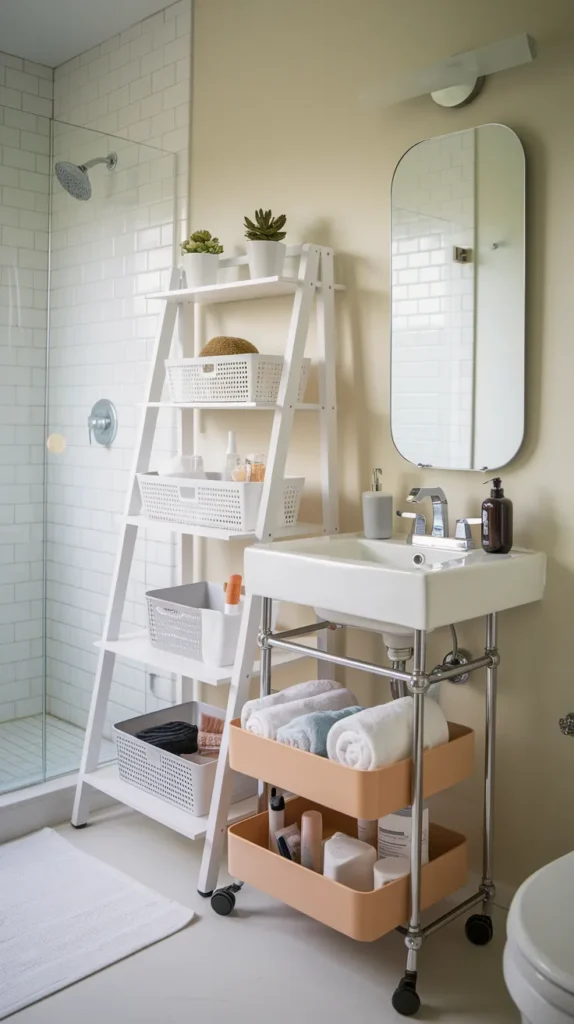 A neat, well-organized dorm bathroom that maximizes space using smart laundry solutions