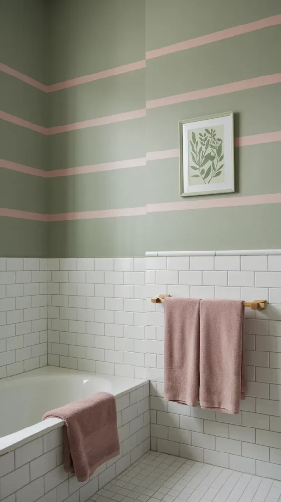 Minimalist sage green bathroom walls with pale pink horizontal stripes, white subway tiles, and framed botanical art in green and pink tones.