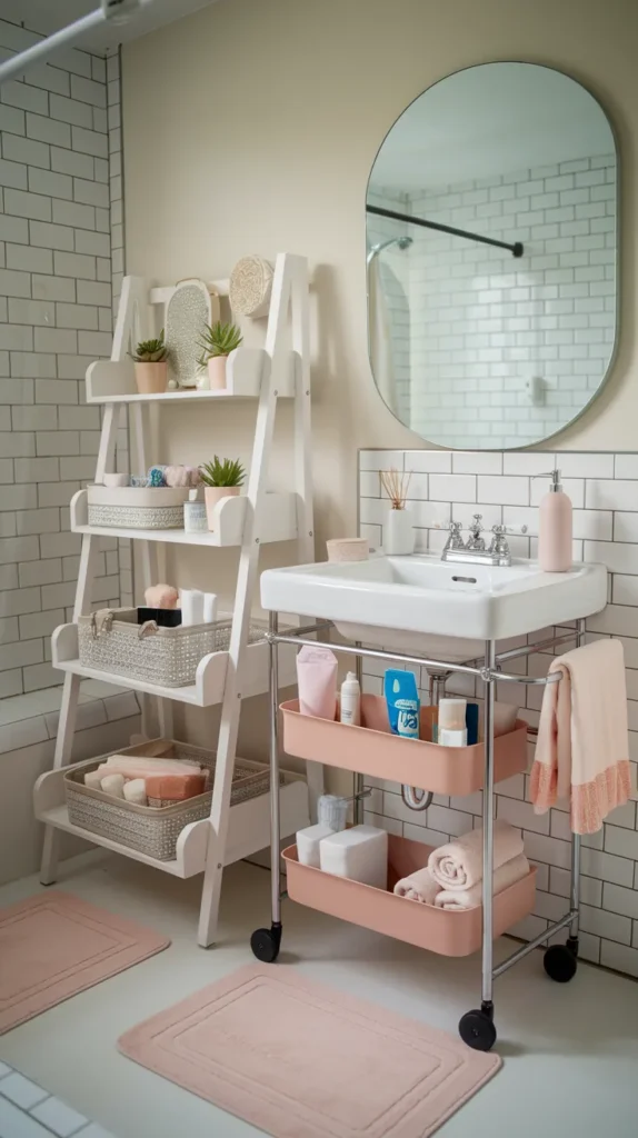 A neat, well-organized dorm bathroom that maximizes space using smart laundry solutions