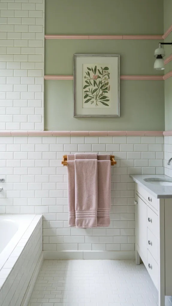 Minimalist sage green bathroom walls with pale pink horizontal stripes, white subway tiles, and framed botanical art in green and pink tones.