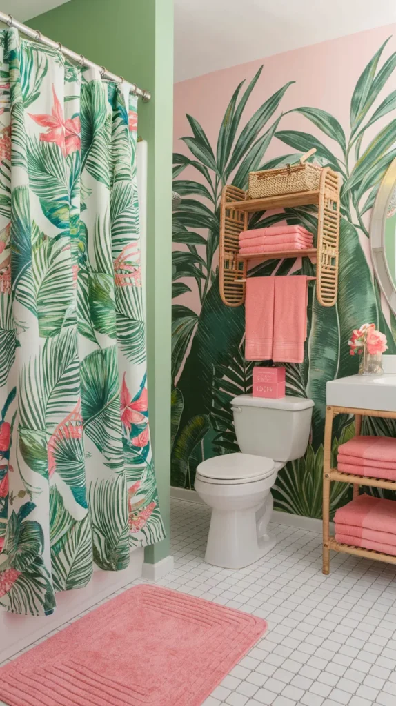 Tropical-themed bathroom with pistachio green walls, palm-printed shower curtain, coral pink rug, bamboo shelves, and a wall mural of green leaves.