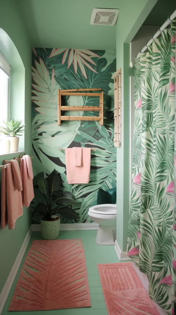 Tropical-themed bathroom with pistachio green walls, palm-printed shower curtain, coral pink rug, bamboo shelves, and a wall mural of green leaves.