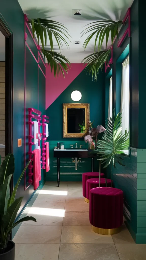 Dramatic teal bathroom walls with neon pink accents, tropical plants, diagonal color-blocked pink and green walls, and gold-framed mirrors.