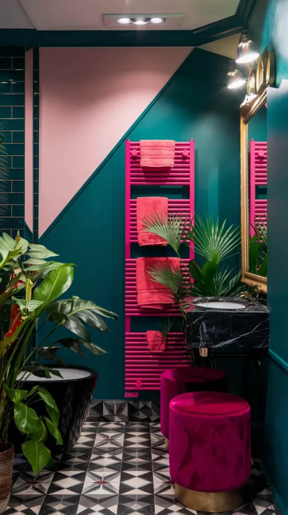 Dramatic teal bathroom walls with neon pink accents, tropical plants, diagonal color-blocked pink and green walls, and gold-framed mirrors.