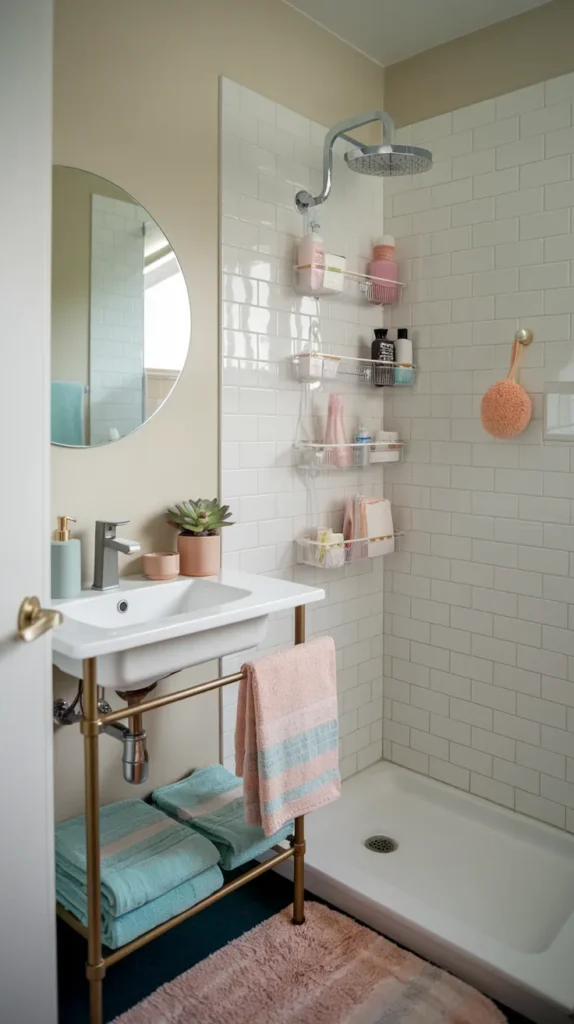 A neat, well-organized dorm bathroom that maximizes space using smart laundry solutions