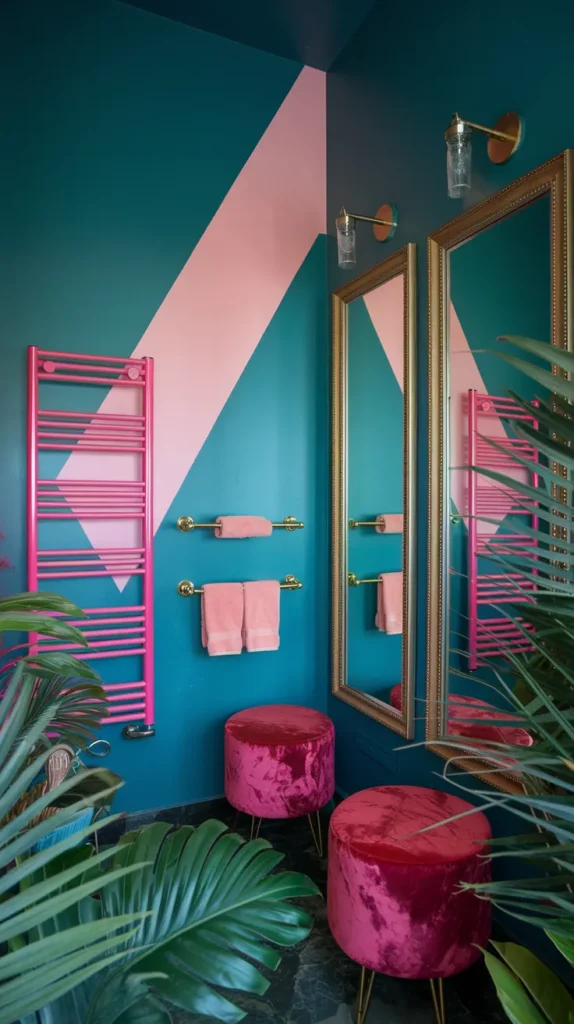 Dramatic teal bathroom walls with neon pink accents, tropical plants, diagonal color-blocked pink and green walls, and gold-framed mirrors.