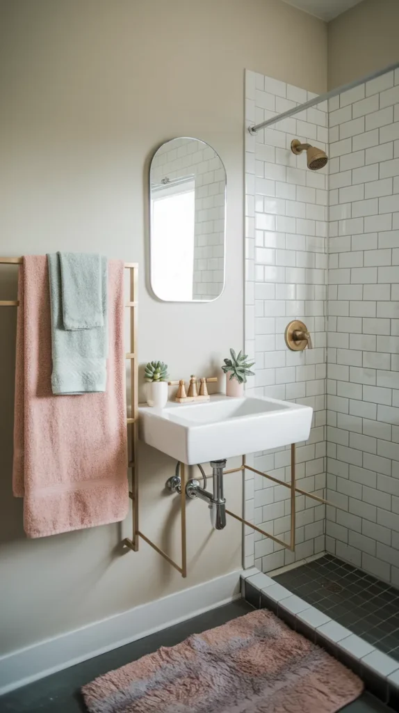 A neat, well-organized dorm bathroom that maximizes space using smart laundry solutions