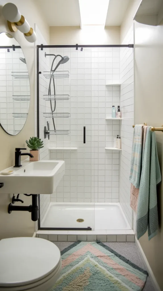 A neat, well-organized dorm bathroom that maximizes space using smart laundry solutions