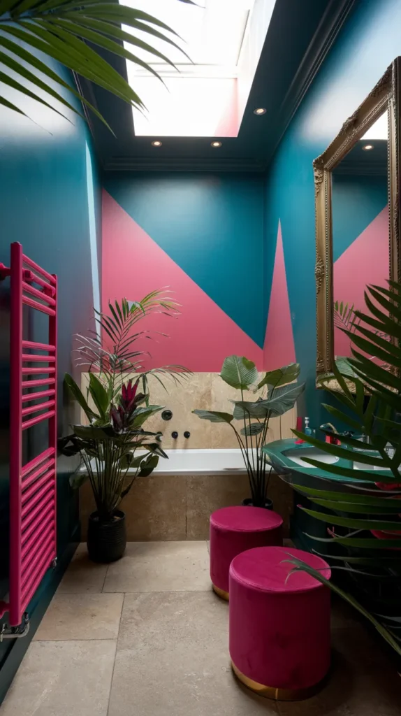 Dramatic teal bathroom walls with neon pink accents, tropical plants, diagonal color-blocked pink and green walls, and gold-framed mirrors.