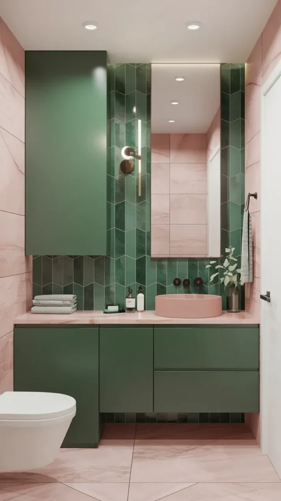 Modern bathroom with emerald green cabinets, pink-veined marble countertops, geometric green and rose gold wall tiles, floating mint vanity, and matte black fixtures.