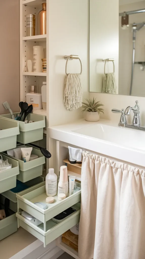 A neat, well-organized dorm bathroom that maximizes space using smart laundry solutions