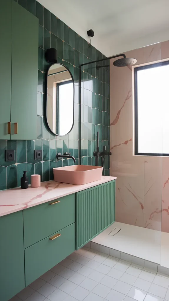 Modern bathroom with emerald green cabinets, pink-veined marble countertops, geometric green and rose gold wall tiles, floating mint vanity, and matte black fixtures.