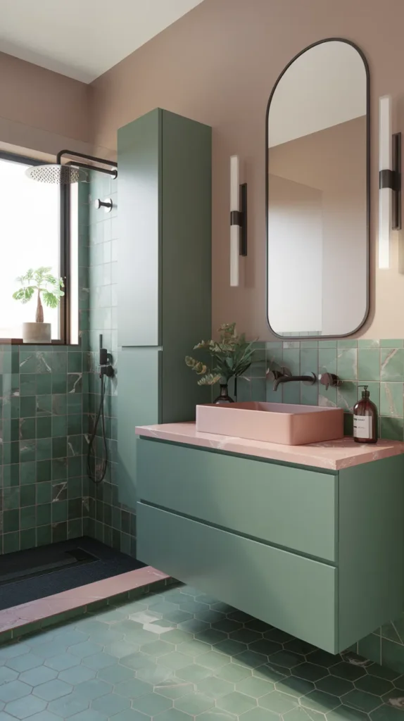 Modern bathroom with emerald green cabinets, pink-veined marble countertops, geometric green and rose gold wall tiles, floating mint vanity, and matte black fixtures.