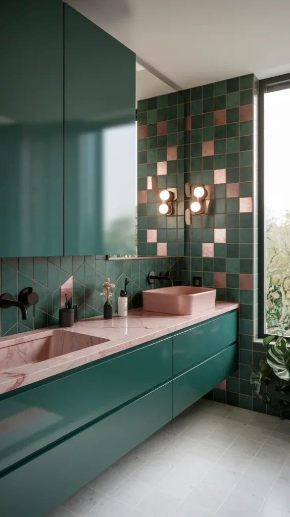 Modern bathroom with emerald green cabinets, pink-veined marble countertops, geometric green and rose gold wall tiles, floating mint vanity, and matte black fixtures.