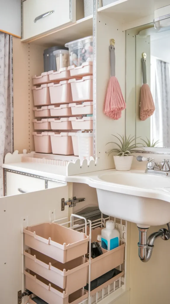 A neat, well-organized dorm bathroom that maximizes space using smart laundry solutions