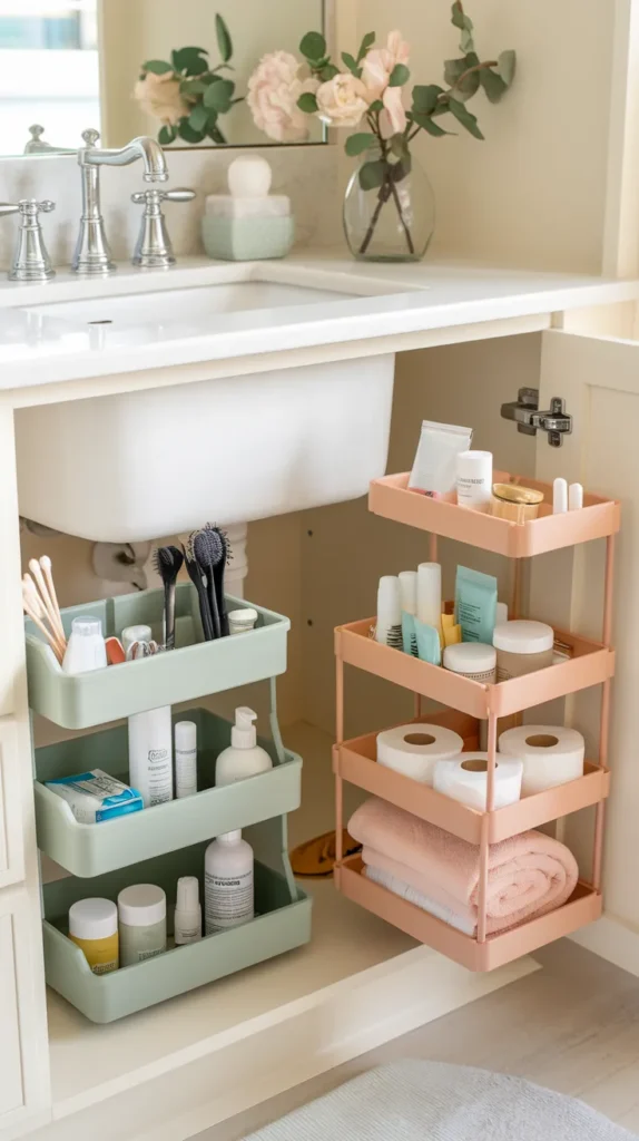 stackable bins under the sink in a dorm bathroom