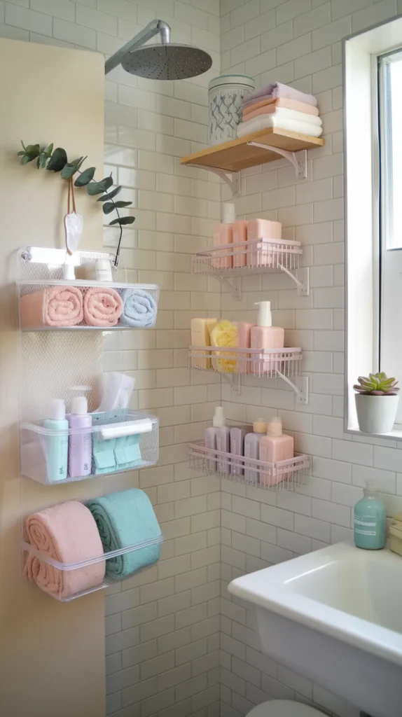 A neat, well-organized dorm bathroom that maximizes space using smart laundry solutions